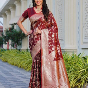 Generic Women's Jacquard Printed Saree With Unstitched Blouse 5.5Mtr (Maroon)