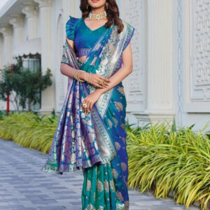 Generic Women's Jacquard Printed Saree With Unstitched Blouse 5.5Mtr (Royal-Teal)
