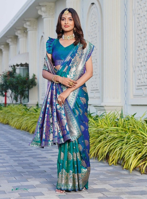 Generic Women's Jacquard Printed Saree With Unstitched Blouse 5.5Mtr (Royal-Teal)