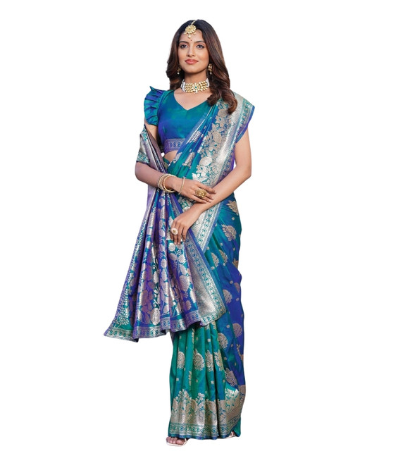 Generic Women's Jacquard Printed Saree With Unstitched Blouse 5.5Mtr (Royal-Teal) - Image 2