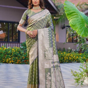Generic Women's Jacquard Printed Saree With Unstitched Blouse 5.5Mtr (Olive Green)