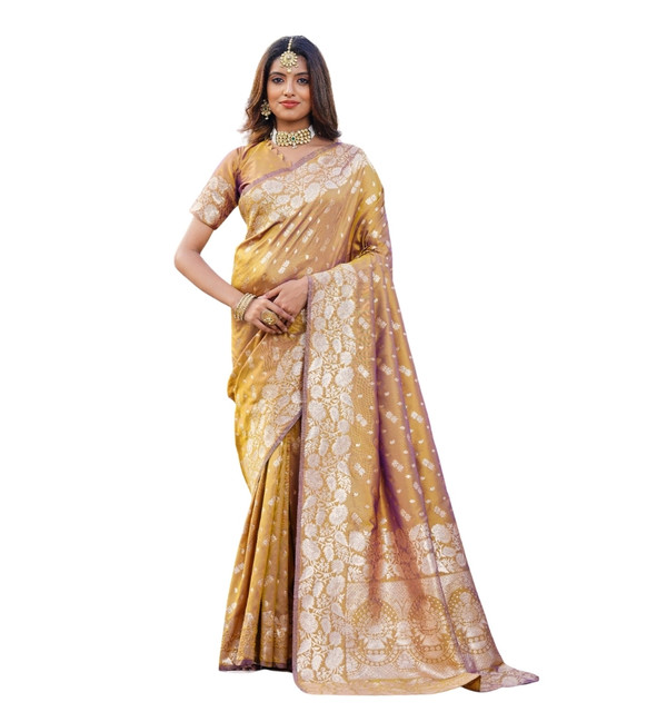 Generic Women's Jacquard Printed Saree With Unstitched Blouse 5.5Mtr (Mustard) - Image 2
