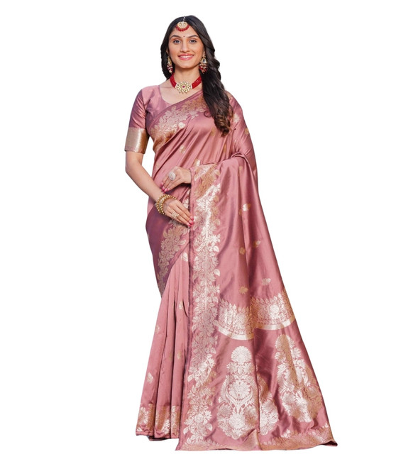Generic Women's Jacquard Printed Saree With Unstitched Blouse 5.5Mtr (Pink) - Image 2