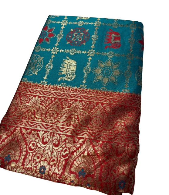 Generic Women's Jacquard Printed Saree With Unstitched Blouse 5.5Mtr (Teal) - Image 2