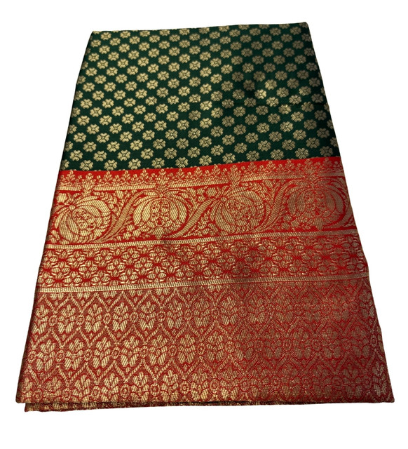 Generic Women's Jacquard Printed Saree With Unstitched Blouse 5.5Mtr (Dark Green) - Image 2