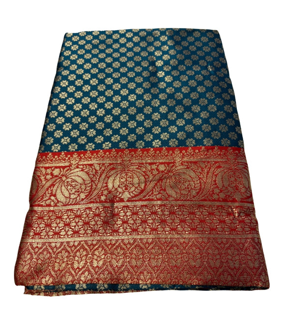 Generic Women's Jacquard Printed Saree With Unstitched Blouse 5.5Mtr (Teal) - Image 2