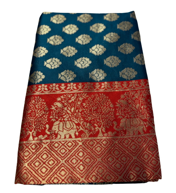 Generic Women's Jacquard Printed Saree With Unstitched Blouse 5.5Mtr (Teal) - Image 2