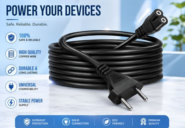 2Pin Universal AC Power Cord Wire 2.3m (7.5 ft) Compatible with LED TV, Printer, Laptop, PC, Camera (Black) - Image 4