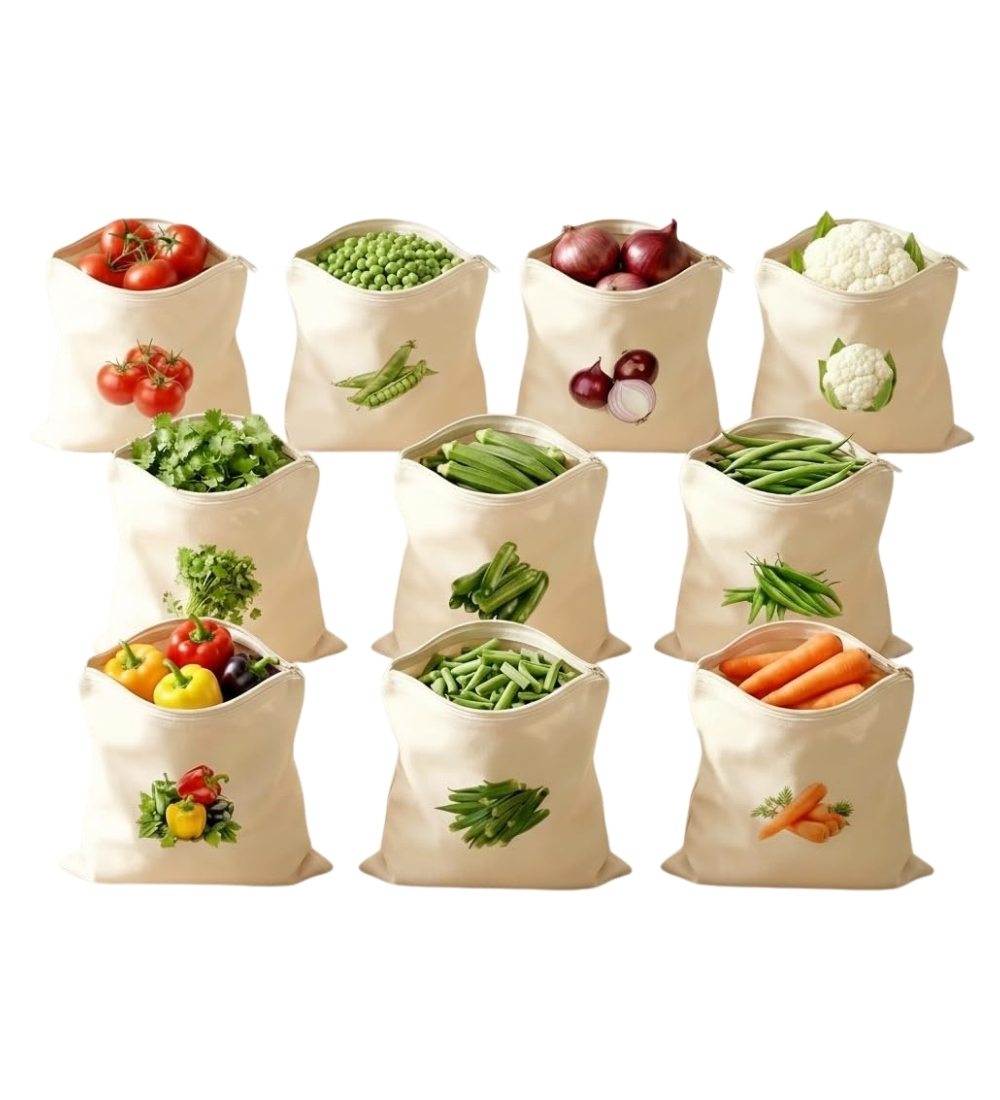 Cotton Vegetable Bag Size 12*12 - 10 Pieces Set (Beige) - Image 2