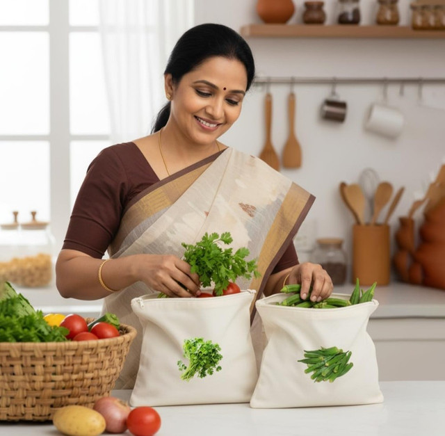 Cotton Vegetable Bag Size 12*12 - 10 Pieces Set (Beige) - Image 4
