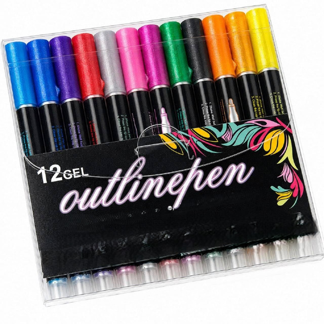 Plastic 12 pieces set Gel Outliner Pens Set (Multicolor) - Image 2
