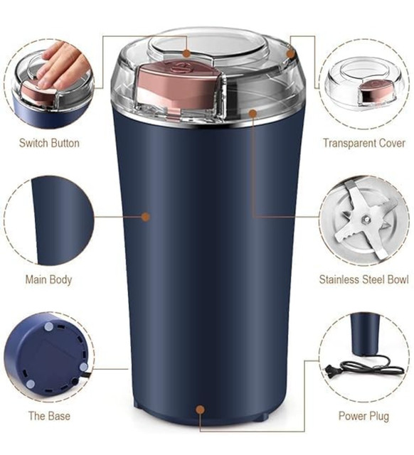 Plastic-Stainless Steel Electric Coffee Bean Grinder (Navy Blue) - Image 5